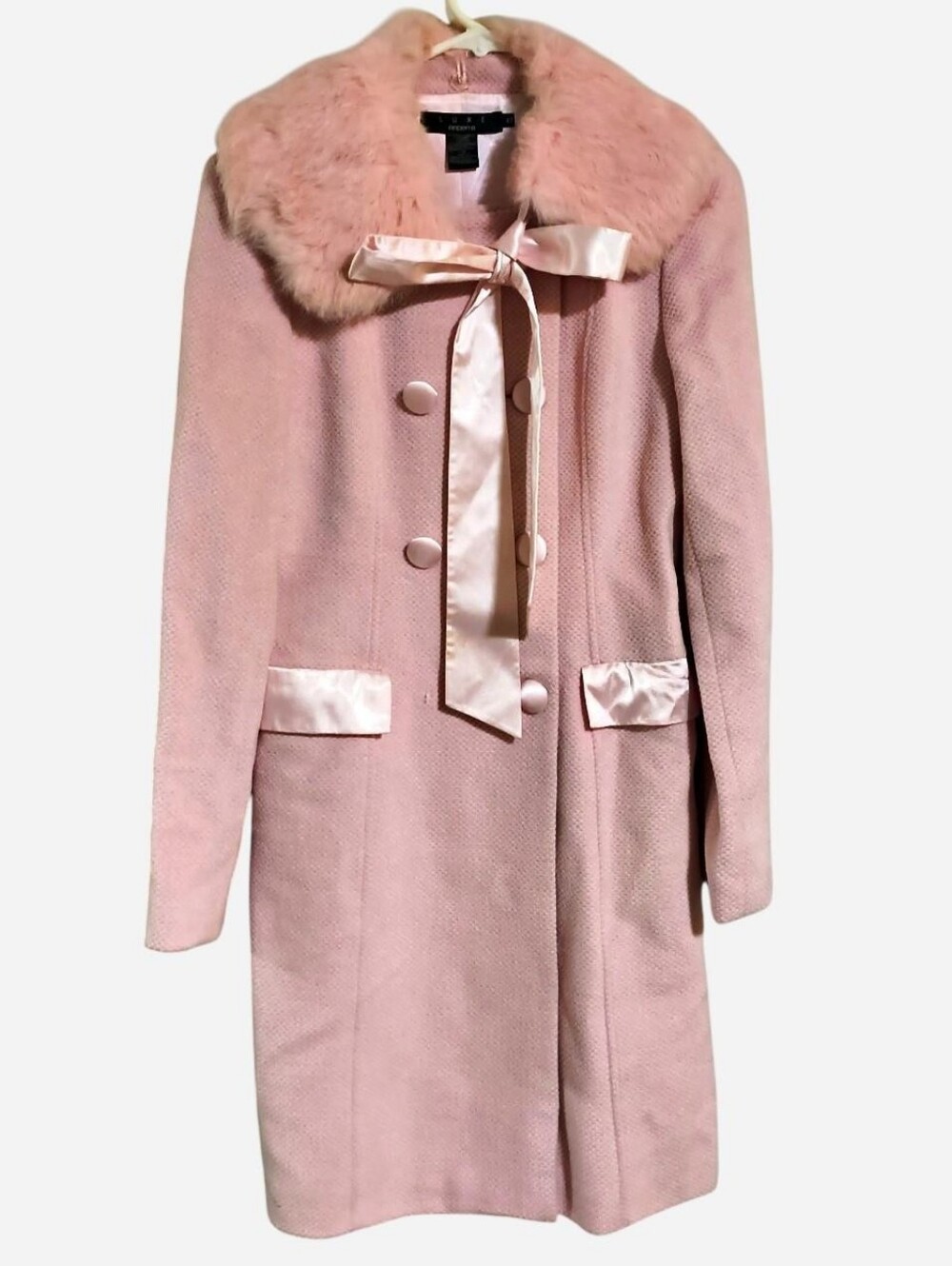 Vintage Luxe Arden B. pink angora wool coat with rabbit fur detachable collar